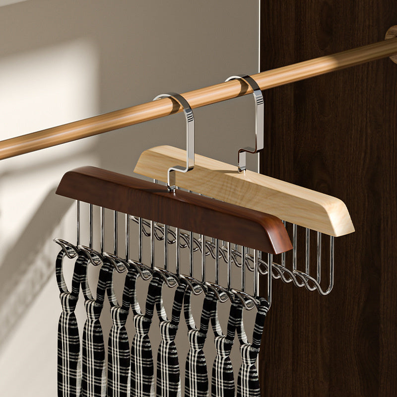 A versatile and sturdy wooden hanger with 8 hooks, designed for saving space and organizing wardrobes efficiently. This heavy-duty hanger can rotate 360 degrees and is perfect for storing vests, swimsuits, bras, scarves, hats, belts, and other household