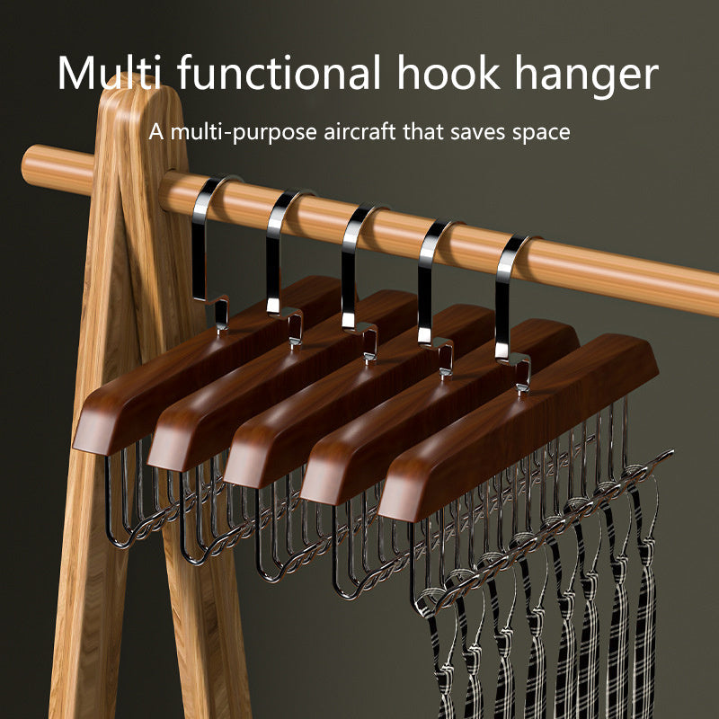 A versatile and sturdy wooden hanger with 8 hooks, designed for saving space and organizing wardrobes efficiently. This heavy-duty hanger can rotate 360 degrees and is perfect for storing vests, swimsuits, bras, scarves, hats, belts, and other household