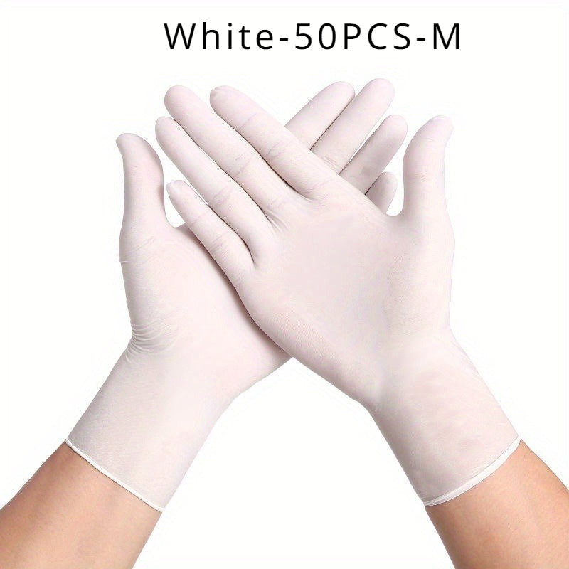 50 pieces of multi-colored disposable nitrile gloves for various household tasks including kitchen work, pet bathing, hair dyeing, manicures, and food preparation. These gloves are essential for cleaning supplies, small tools, and disposable apparel.