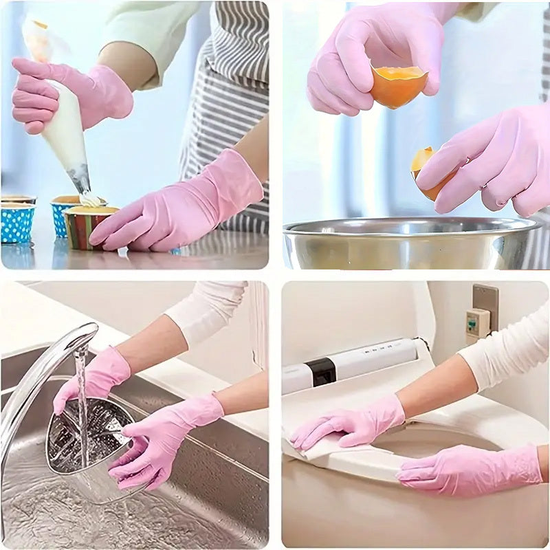 50 pieces of multi-colored disposable nitrile gloves for various household tasks including kitchen work, pet bathing, hair dyeing, manicures, and food preparation. These gloves are essential for cleaning supplies, small tools, and disposable apparel.