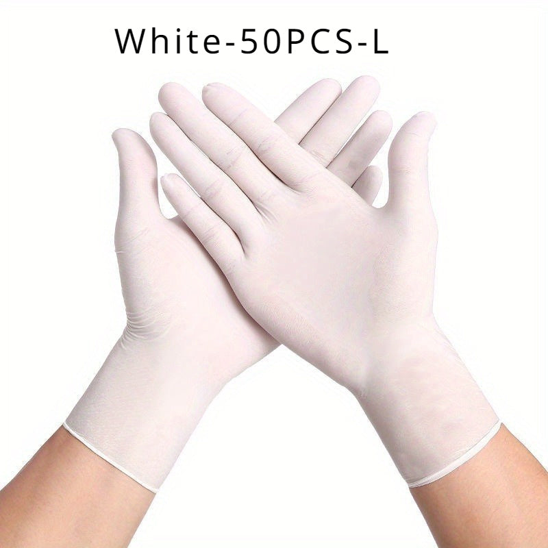 50 pieces of multi-colored disposable nitrile gloves for various household tasks including kitchen work, pet bathing, hair dyeing, manicures, and food preparation. These gloves are essential for cleaning supplies, small tools, and disposable apparel.