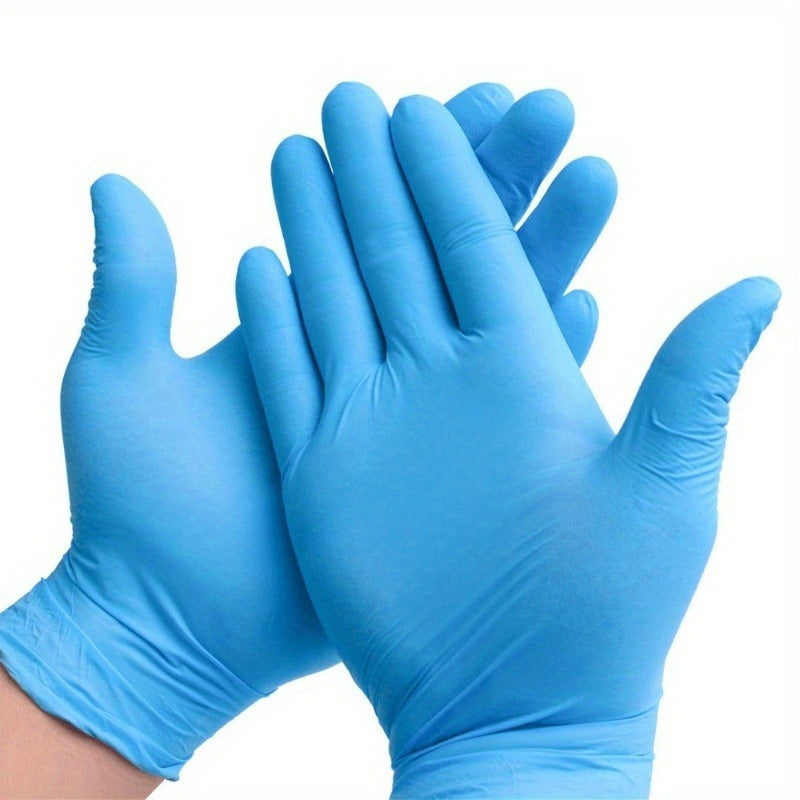 50 pieces of multi-colored disposable nitrile gloves for various household tasks including kitchen work, pet bathing, hair dyeing, manicures, and food preparation. These gloves are essential for cleaning supplies, small tools, and disposable apparel.