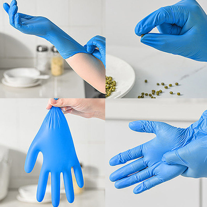 50 pieces of multi-colored disposable nitrile gloves for various household tasks including kitchen work, pet bathing, hair dyeing, manicures, and food preparation. These gloves are essential for cleaning supplies, small tools, and disposable apparel.