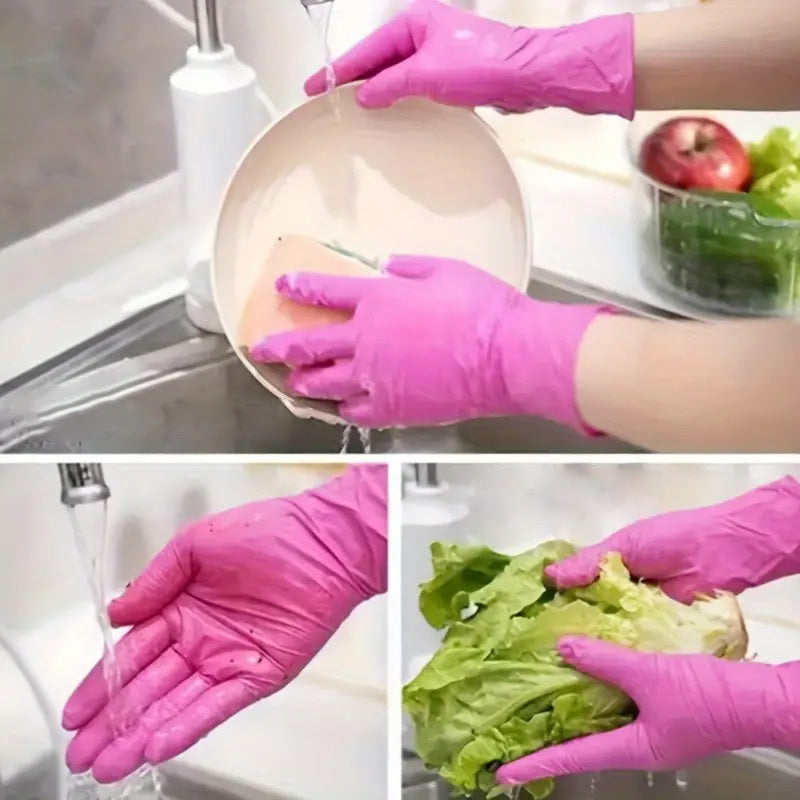 50 pieces of multi-colored disposable nitrile gloves for various household tasks including kitchen work, pet bathing, hair dyeing, manicures, and food preparation. These gloves are essential for cleaning supplies, small tools, and disposable apparel.