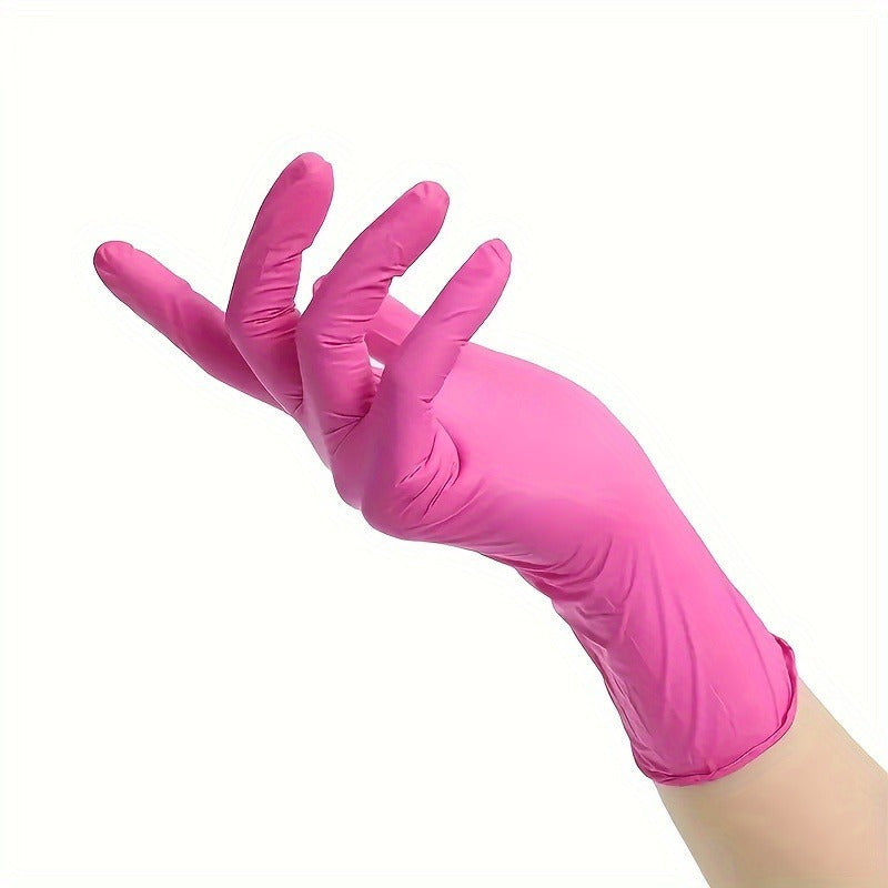 50 pieces of multi-colored disposable nitrile gloves for various household tasks including kitchen work, pet bathing, hair dyeing, manicures, and food preparation. These gloves are essential for cleaning supplies, small tools, and disposable apparel.