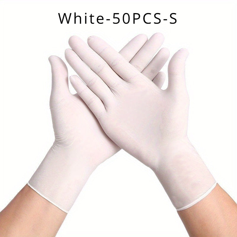 50 pieces of multi-colored disposable nitrile gloves for various household tasks including kitchen work, pet bathing, hair dyeing, manicures, and food preparation. These gloves are essential for cleaning supplies, small tools, and disposable apparel.