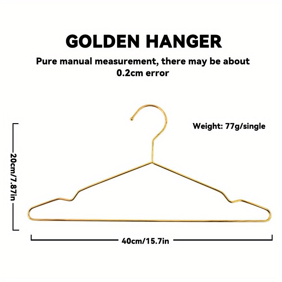 Fan Favorite: Set of 10 metal clothes hangers featuring elegant gold plating for a luxurious touch. Each hanger measures 39.88 cm and is perfect for organizing your wardrobe at home.