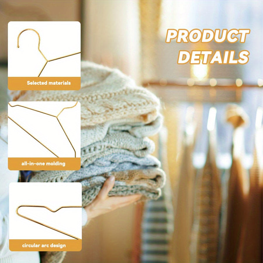 Fan Favorite: Set of 10 metal clothes hangers featuring elegant gold plating for a luxurious touch. Each hanger measures 39.88 cm and is perfect for organizing your wardrobe at home.