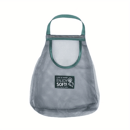 This heavy-duty hanging mesh storage bag with drawstring closure is ideal for organizing garlic, potatoes, and onions. Made of durable plastic with a breathable design, it is perfect for kitchen organization. The hanging produce bags feature visible