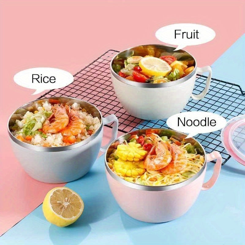 Durable stainless steel noodle bowl with lid and handle, ideal for rice, soup, and instant noodles, rust-resistant.