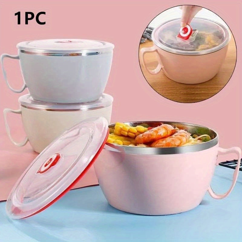 Durable stainless steel noodle bowl with lid and handle, ideal for rice, soup, and instant noodles, rust-resistant.