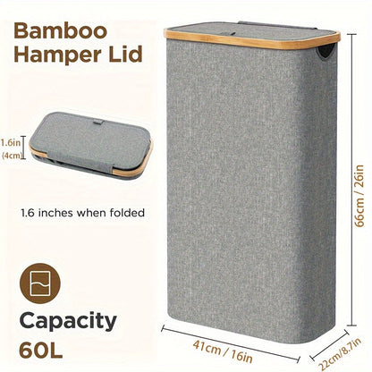 Stylish 60L Bamboo Laundry Hamper with Lid: Easily Foldable and Waterproof, Featuring Smooth Handles. Perfect for Home Storage and Organization with Multiple Components Included. Versatile Rectangle Design Suitable for Different Room Settings.