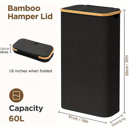 Stylish 60L Bamboo Laundry Hamper with Lid: Easily Foldable and Waterproof, Featuring Smooth Handles. Perfect for Home Storage and Organization with Multiple Components Included. Versatile Rectangle Design Suitable for Different Room Settings.