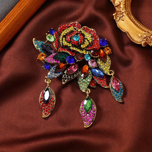 Chic Vintage Floral Brooch with Multicolor Rhinestone Rose Design, Elegant Fashion Accessory, Perfect Gift for Her