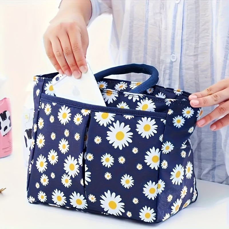 Insulated Lunch Bag with a Large Daisy Print: Stylish, Eco-Friendly, and Ideal for on-the-go - Crafted from Durable Oxford Fabric