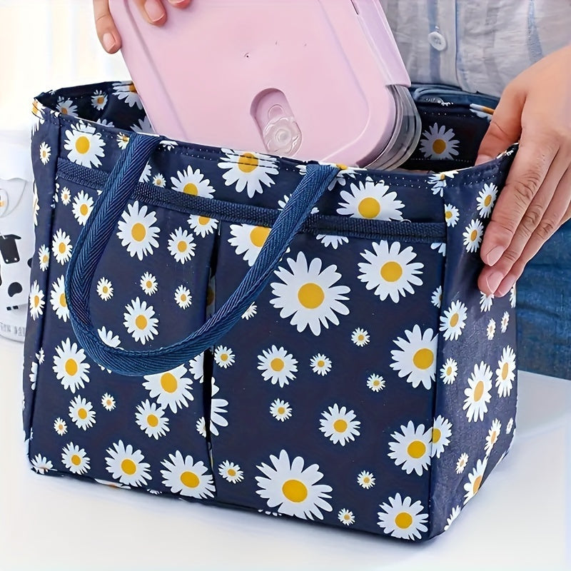 Insulated Lunch Bag with a Large Daisy Print: Stylish, Eco-Friendly, and Ideal for on-the-go - Crafted from Durable Oxford Fabric