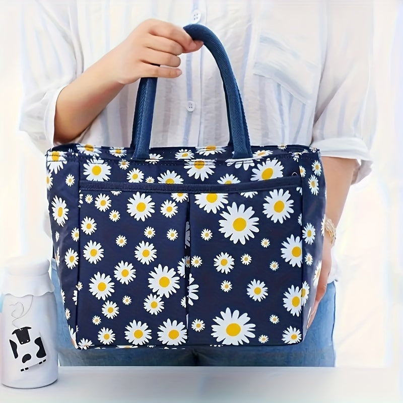 Insulated Lunch Bag with a Large Daisy Print: Stylish, Eco-Friendly, and Ideal for on-the-go - Crafted from Durable Oxford Fabric