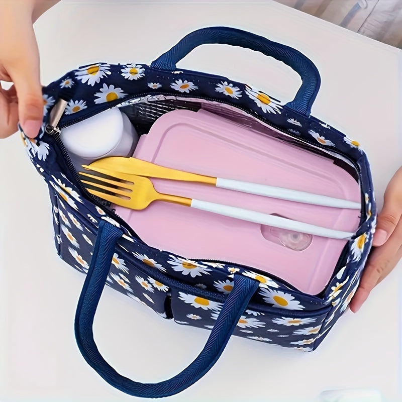 Insulated Lunch Bag with a Large Daisy Print: Stylish, Eco-Friendly, and Ideal for on-the-go - Crafted from Durable Oxford Fabric