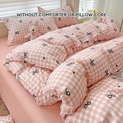 Pink plaid duvet cover set with bowknot pattern, 4 pieces - includes 1 duvet cover, 2 pillowcases, 1 flat sheet. Made of 100% polyester with zipper closure, digitally printed and