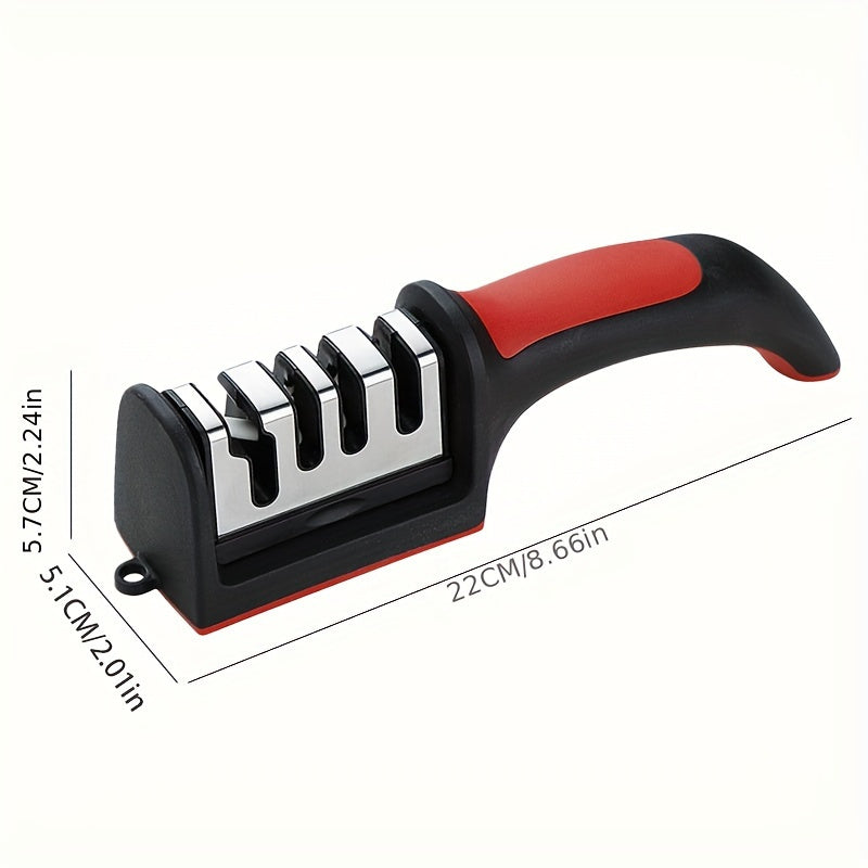 Professional 4-Stage Knife Sharpener with Tungsten Steel, Diamond, and Ceramic Stones - Ideal for Kitchen Blades, Red & Black Base, Efficient Sharpening