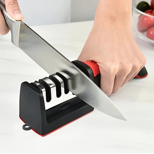 Professional 4-Stage Knife Sharpener with Tungsten Steel, Diamond, and Ceramic Stones - Ideal for Kitchen Blades, Red & Black Base, Efficient Sharpening