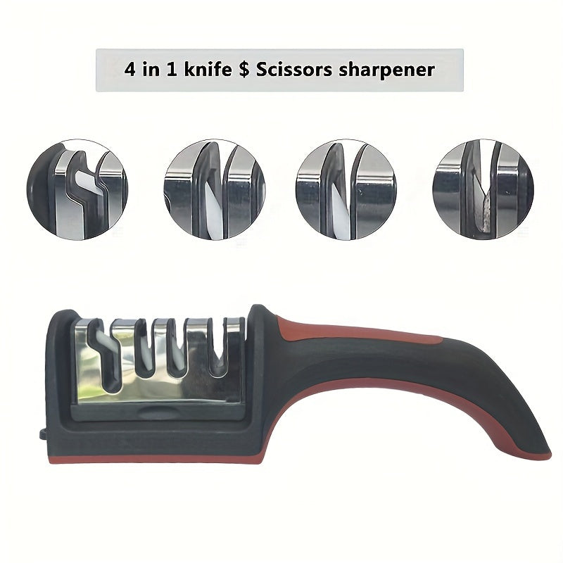 Professional 4-Stage Knife Sharpener with Tungsten Steel, Diamond, and Ceramic Stones - Ideal for Kitchen Blades, Red & Black Base, Efficient Sharpening