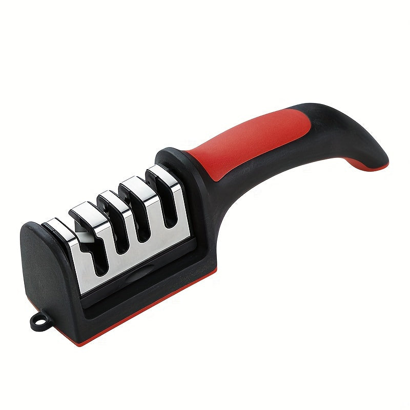 Professional 4-Stage Knife Sharpener with Tungsten Steel, Diamond, and Ceramic Stones - Ideal for Kitchen Blades, Red & Black Base, Efficient Sharpening