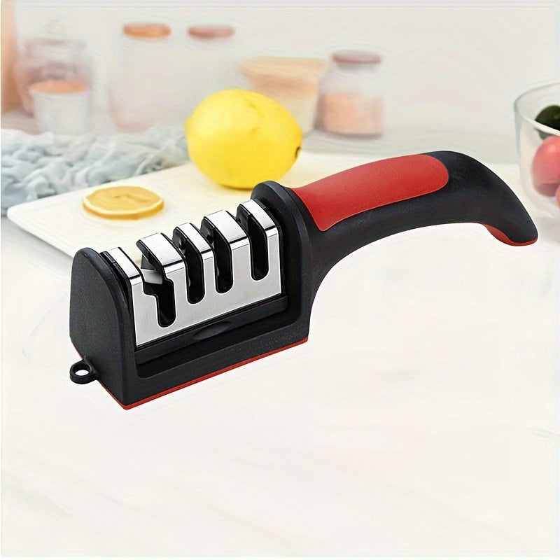 Professional 4-Stage Knife Sharpener with Tungsten Steel, Diamond, and Ceramic Stones - Ideal for Kitchen Blades, Red & Black Base, Efficient Sharpening