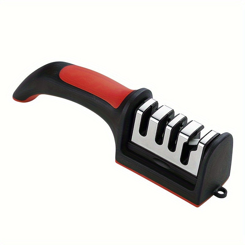 Professional 4-Stage Knife Sharpener with Tungsten Steel, Diamond, and Ceramic Stones - Ideal for Kitchen Blades, Red & Black Base, Efficient Sharpening