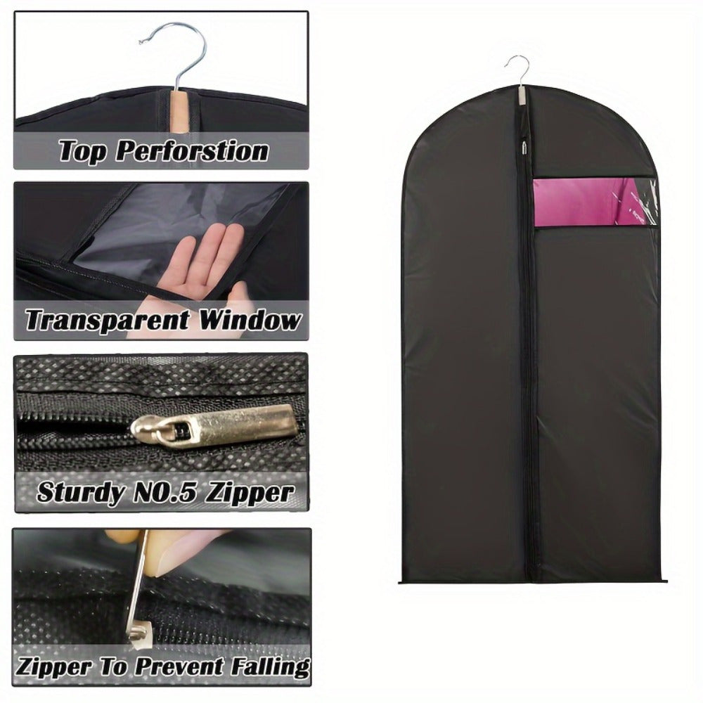 Five pieces of premium black garment bags featuring a pink zipper. These durable plastic covers are perfect for storing suits, dresses, and coats in your closet. This versatile hanging organizer is suitable for both men and women's clothing, making it a