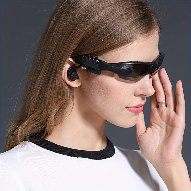 Ankriyul 2-in-1 glasses with built-in wireless earphone headset for sports and driving in black, featuring call control, rechargeable battery, and hands-free mic.