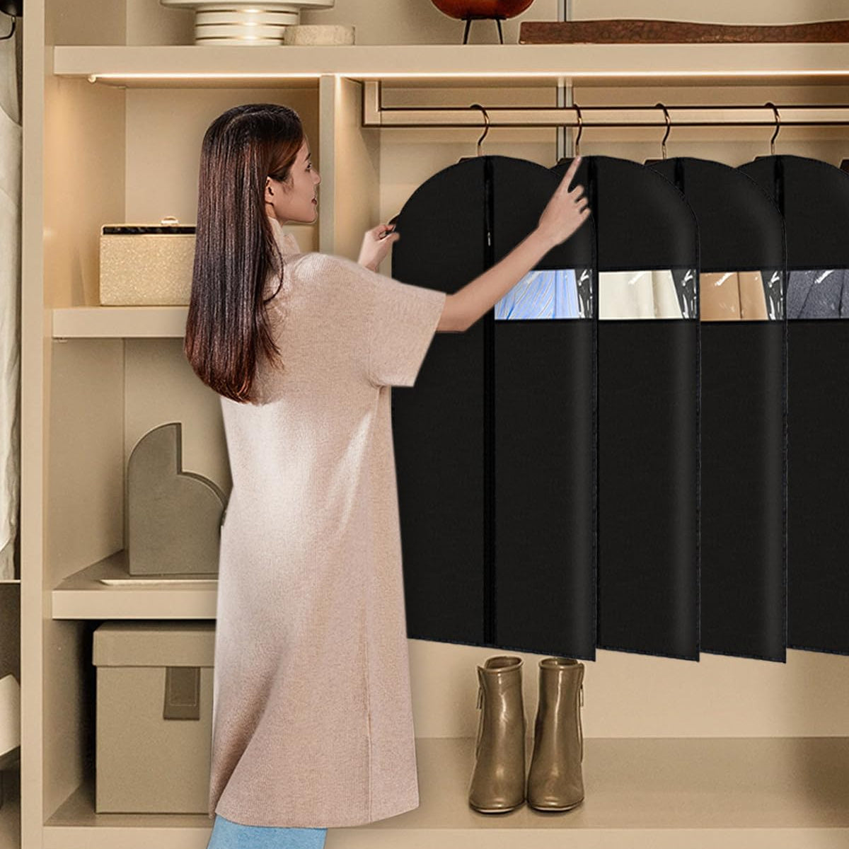 "Set of 5 High-Quality Garment Bags for Suits, Coats & Dresses - Strong Plastic Hanging Storage Covers with Zipper for Men & Women