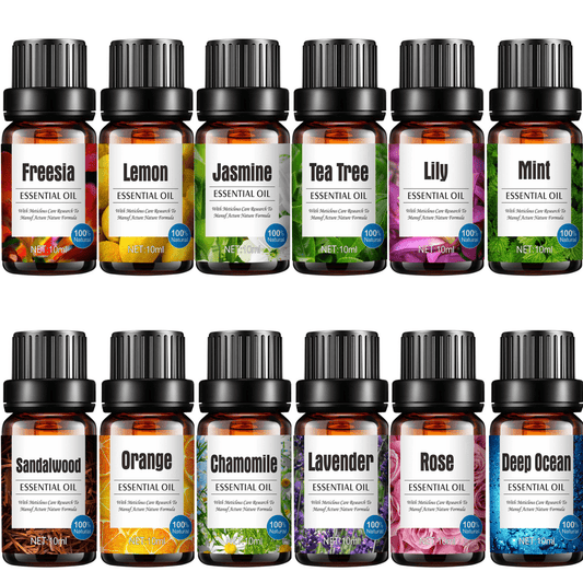 Essential Oil Set includes lavender, lemon, mint, chamomile, deep sea, and rose - ideal for diffusers and humidifiers.