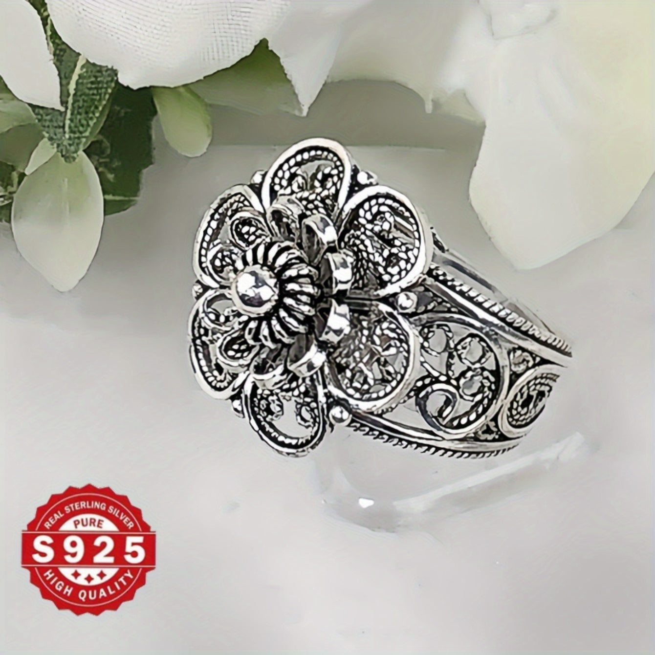 Handmade Sterling Silver Daisy Flower Ring with Intricate Filigree Details, Floral Statement Jewelry, Oxidized and Polished Finish, Comes in a Gift Box for Her