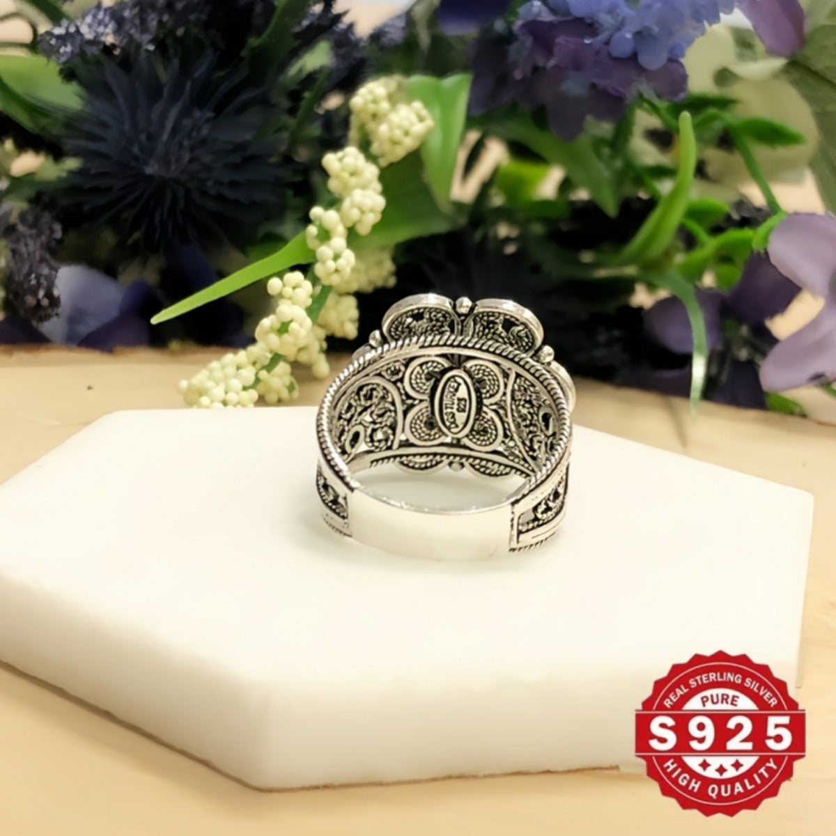 Handmade Sterling Silver Daisy Flower Ring with Intricate Filigree Details, Floral Statement Jewelry, Oxidized and Polished Finish, Comes in a Gift Box for Her