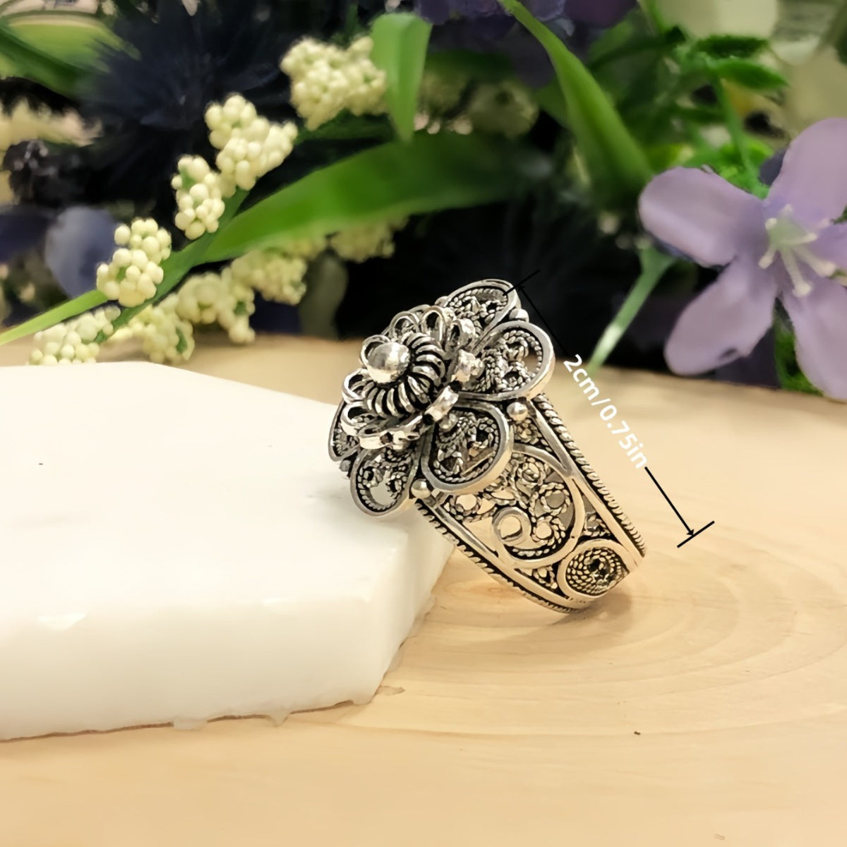 Handmade Sterling Silver Daisy Flower Ring with Intricate Filigree Details, Floral Statement Jewelry, Oxidized and Polished Finish, Comes in a Gift Box for Her