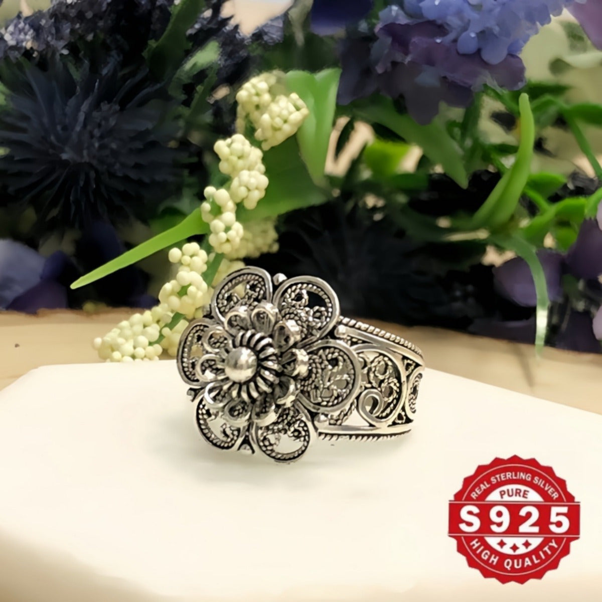 Handmade Sterling Silver Daisy Flower Ring with Intricate Filigree Details, Floral Statement Jewelry, Oxidized and Polished Finish, Comes in a Gift Box for Her