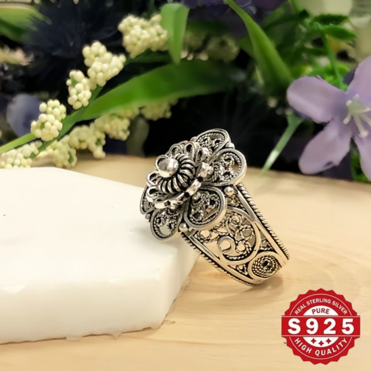 Handmade Sterling Silver Daisy Flower Ring with Intricate Filigree Details, Floral Statement Jewelry, Oxidized and Polished Finish, Comes in a Gift Box for Her