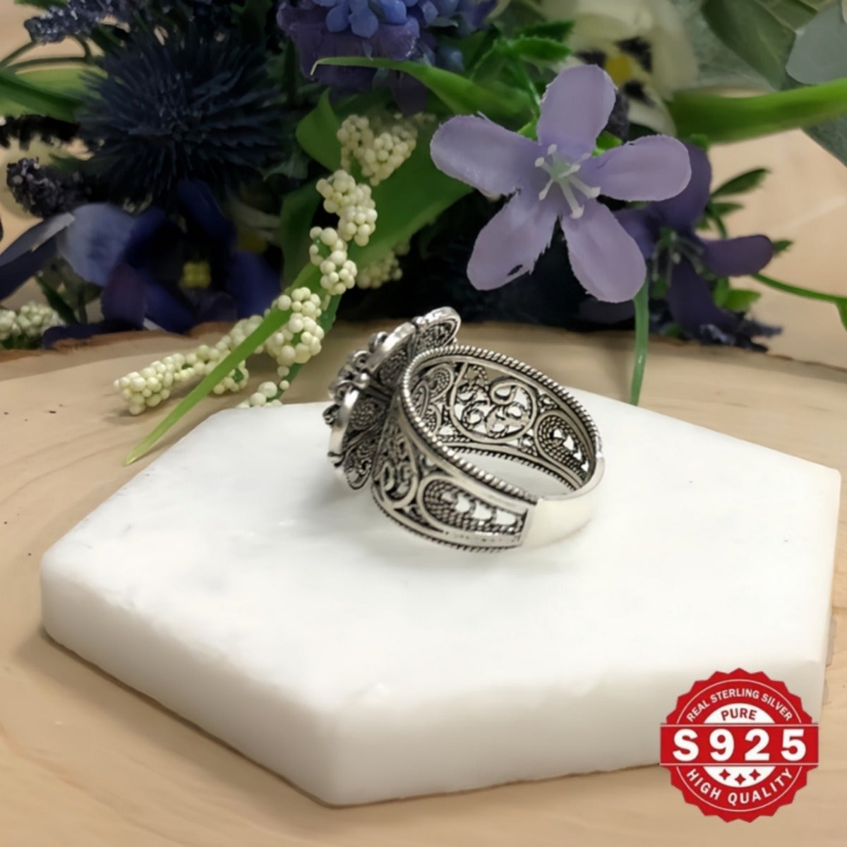 Handmade Sterling Silver Daisy Flower Ring with Intricate Filigree Details, Floral Statement Jewelry, Oxidized and Polished Finish, Comes in a Gift Box for Her