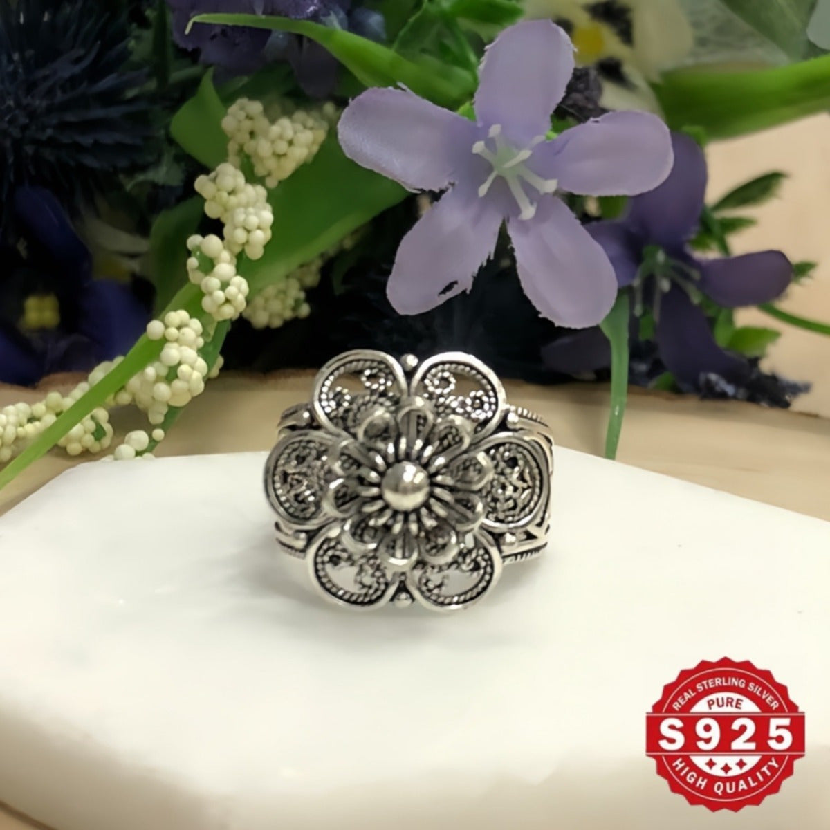 Handmade Sterling Silver Daisy Flower Ring with Intricate Filigree Details, Floral Statement Jewelry, Oxidized and Polished Finish, Comes in a Gift Box for Her