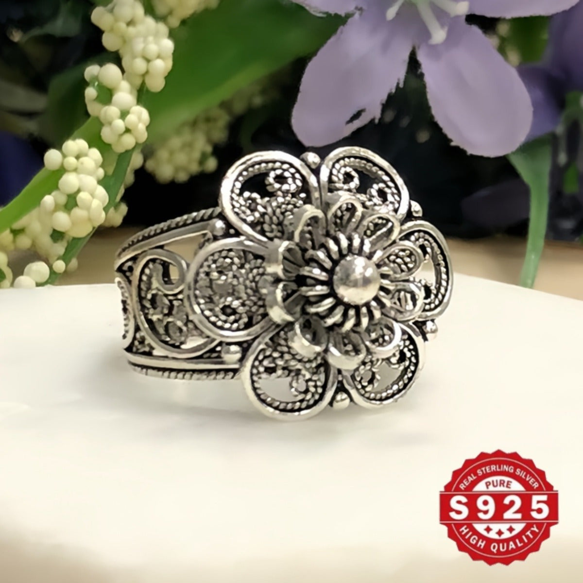 Handmade Sterling Silver Daisy Flower Ring with Intricate Filigree Details, Floral Statement Jewelry, Oxidized and Polished Finish, Comes in a Gift Box for Her