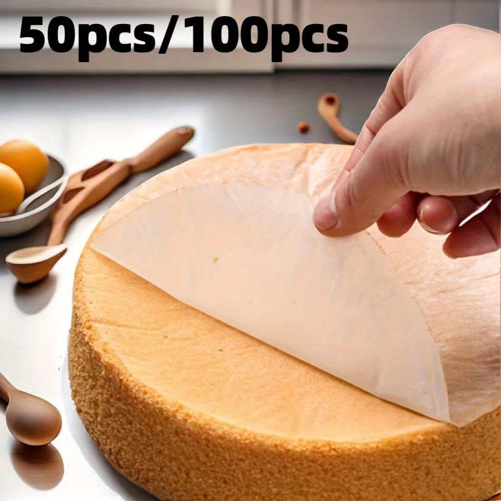 Non-Stick Round Baking Paper - Available in 50 or 100 Pieces. Ideal for Cheesecakes, Chiffon Cakes, Biscuits, Breads, Air Fryers, Dutch Ovens, Cupcake Liners, and Frozen Pies.