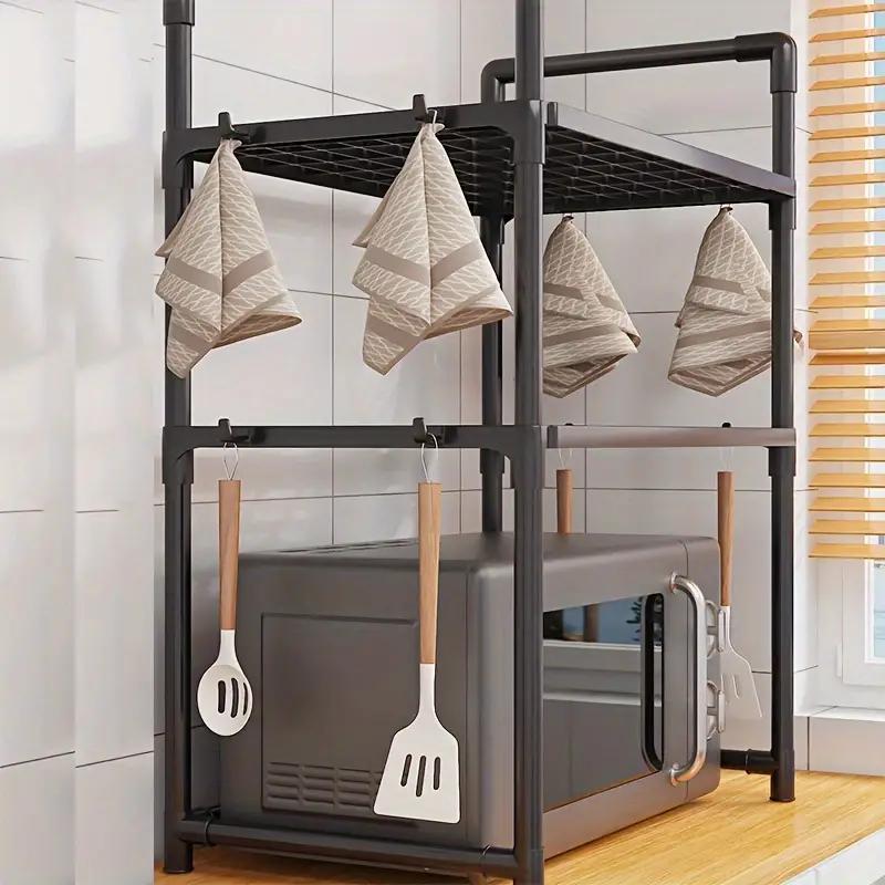 Multi-functional Kitchen Organizer with Handle & Hooks - Durable Plastic/Metal, Adjustable Shelves for Organizing Microwave, Oven & Other Items - Ideal for Countertops, Bedroom & Bathroom Storage Needs