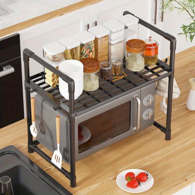 Multi-functional Kitchen Organizer with Handle & Hooks - Durable Plastic/Metal, Adjustable Shelves for Organizing Microwave, Oven & Other Items - Ideal for Countertops, Bedroom & Bathroom Storage Needs