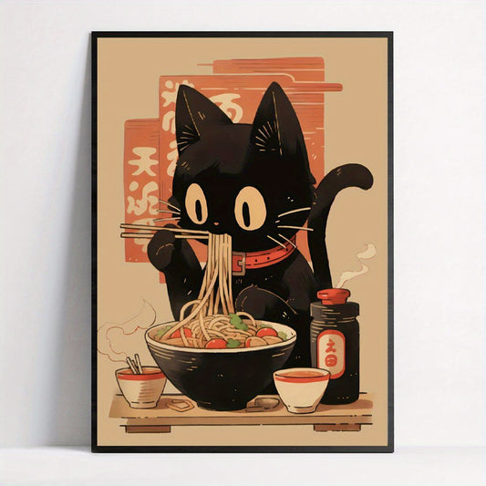 Black cat ramen noodle art print poster with a modern and retro style, suitable for various rooms and spaces. Made with canvas material and ink art medium in a vertical direction, featuring an animal print pattern. Perfect for adding a touch of humor to