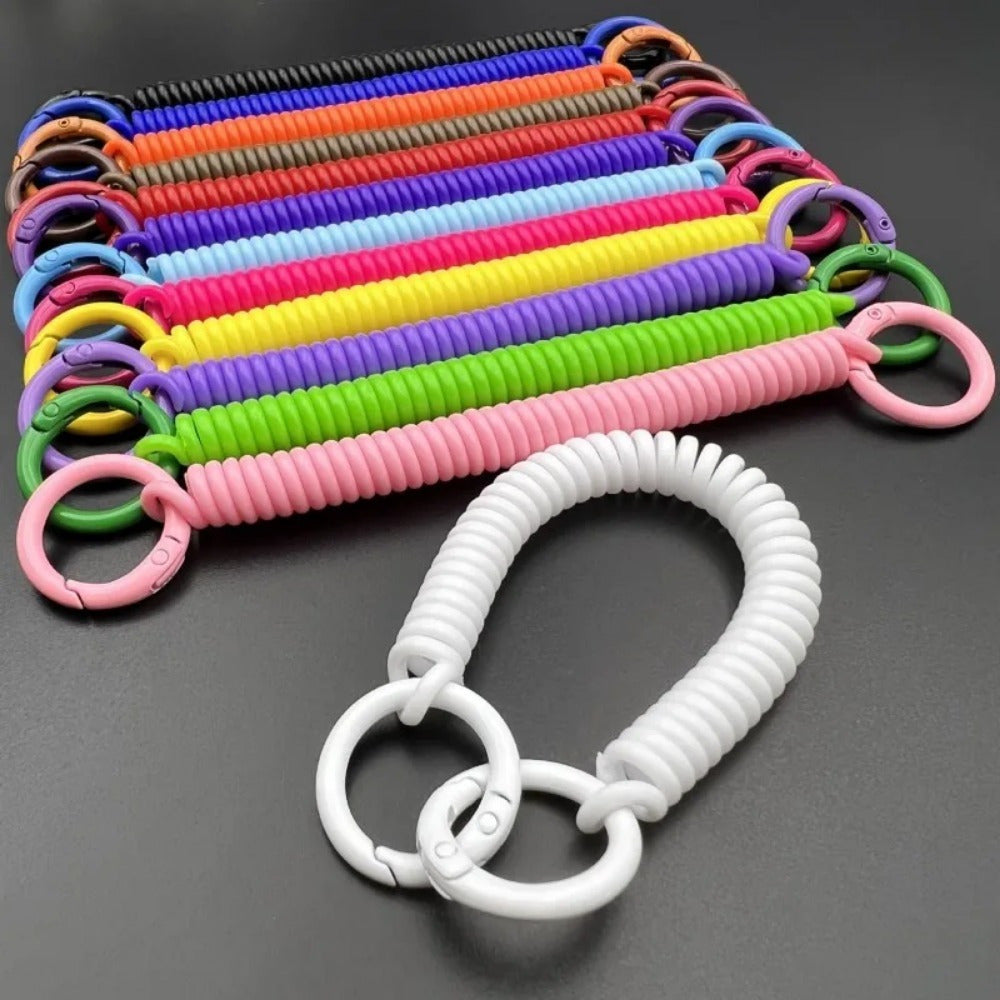 Set of 2 Vibrantly-Colored Spring Coil Keychains Featuring Dual Clasps - Fashionable Anti-Loss Phone Lanyard & Card Holder Designed for Women, Includes Rubber Band, Keychain, Bag Clip, and Retractable Feature