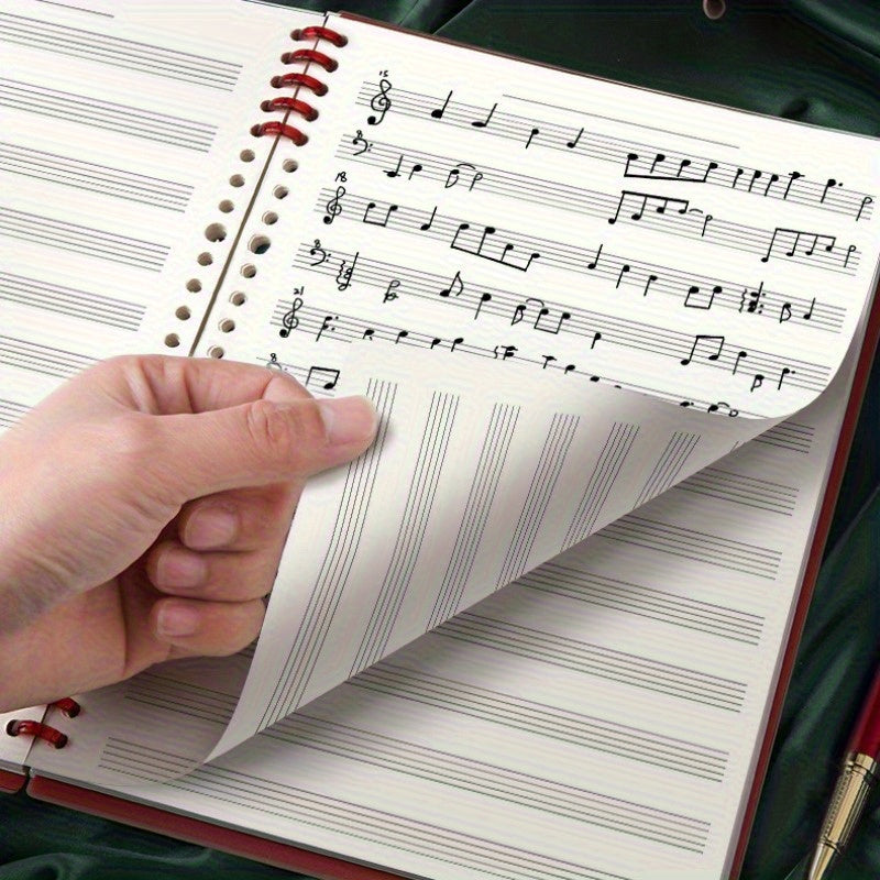 B5 Music Notation Notebook with 60 sheets of reusable loose-leaf staff paper. Ideal for musicians and composers for practice and composition.