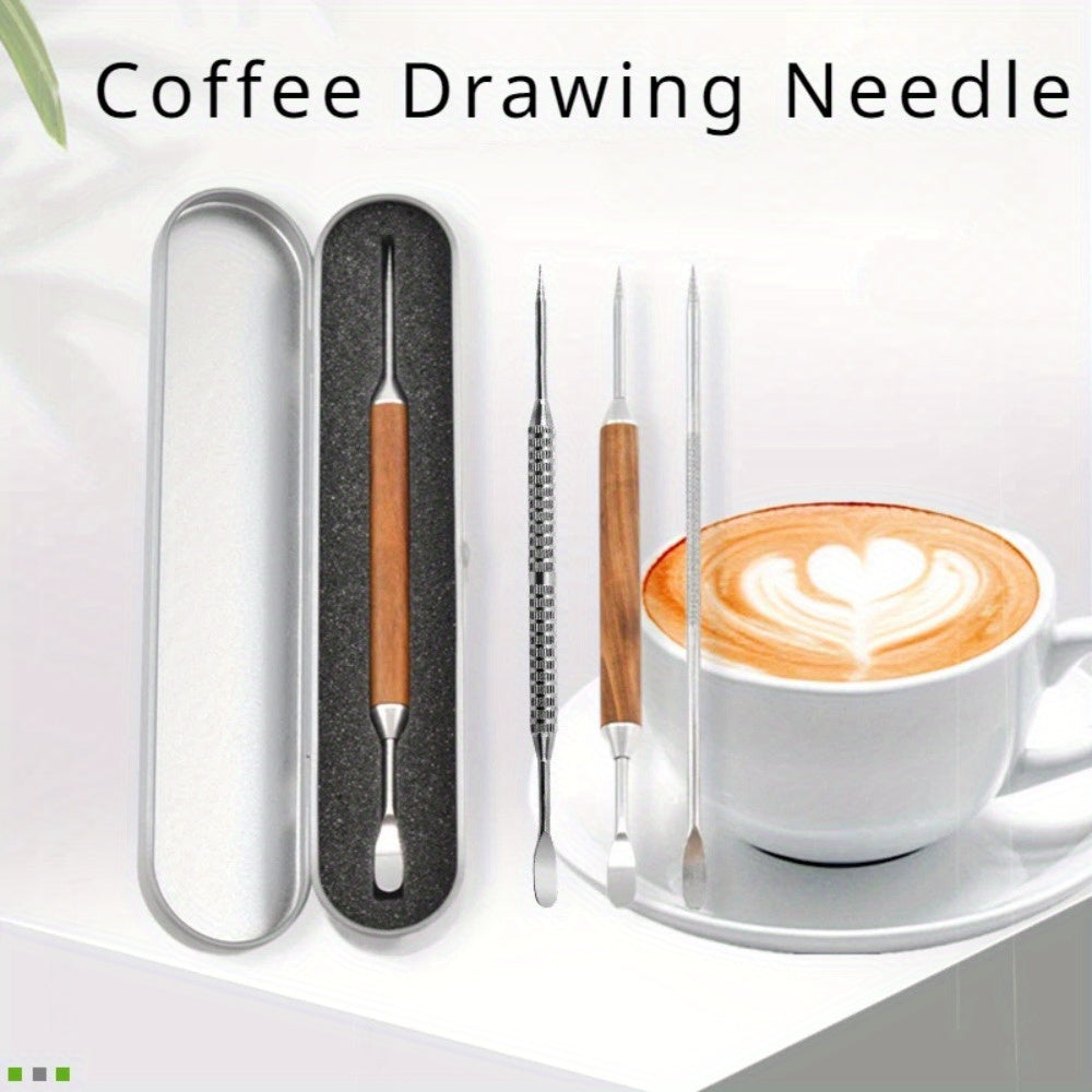 High-quality Stainless Steel Latte Art Pen Featuring a Sturdy Wood Handle - Ideal for Creating Beautiful Designs in Coffee and Milk Foam, Essential Kitchen and Dining Tool, 15.49cm Length