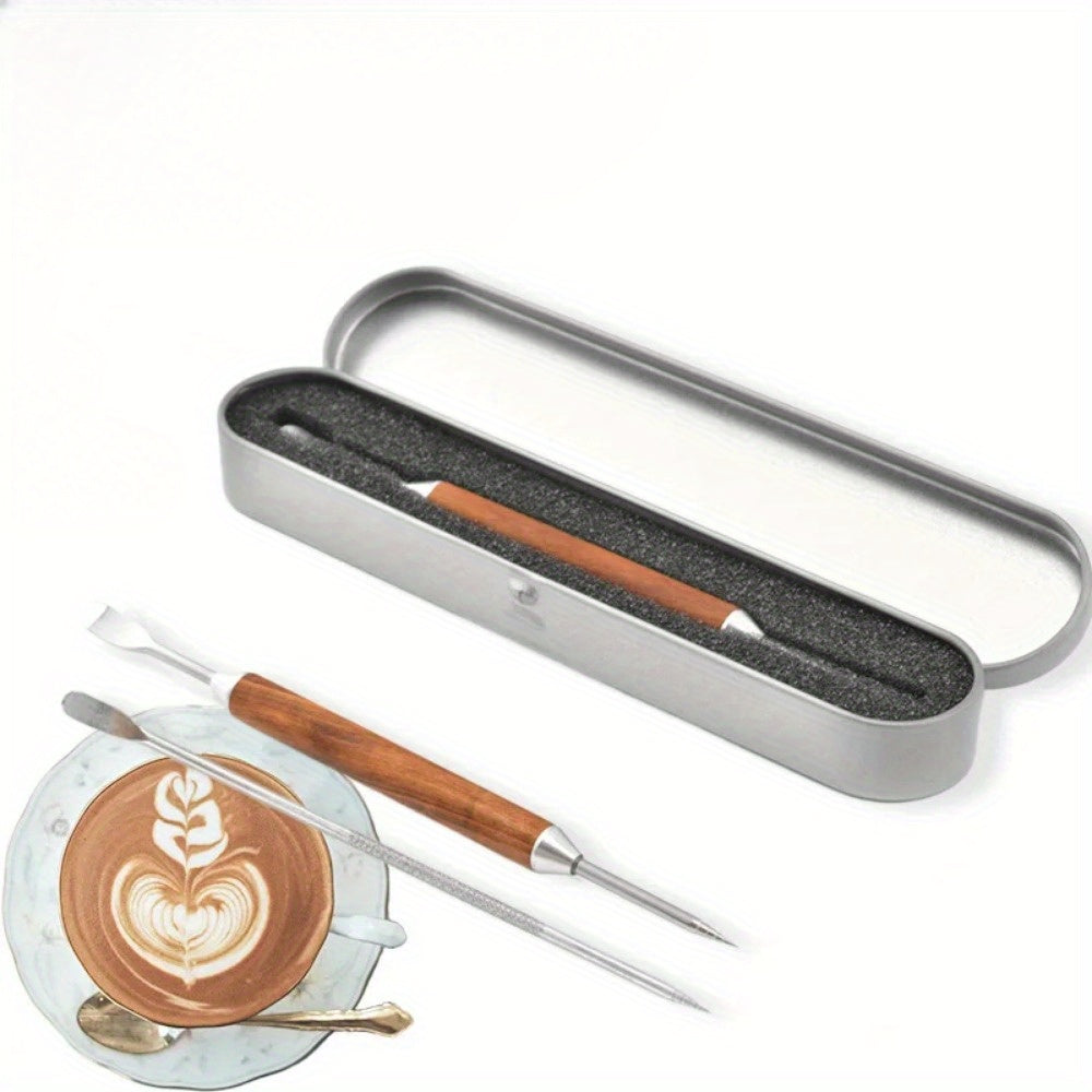 High-quality Stainless Steel Latte Art Pen Featuring a Sturdy Wood Handle - Ideal for Creating Beautiful Designs in Coffee and Milk Foam, Essential Kitchen and Dining Tool, 15.49cm Length