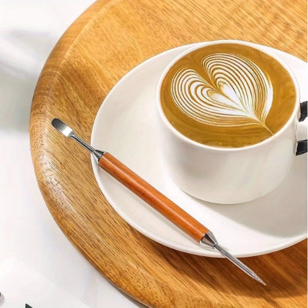 High-quality Stainless Steel Latte Art Pen Featuring a Sturdy Wood Handle - Ideal for Creating Beautiful Designs in Coffee and Milk Foam, Essential Kitchen and Dining Tool, 15.49cm Length